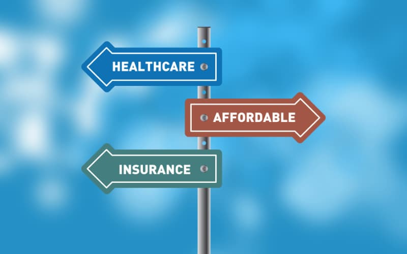Healthcare Affordable Insurance arrows on a street sign