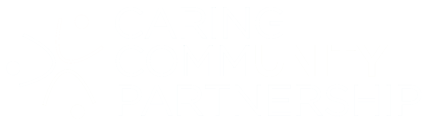 Caring community partnership white logo
